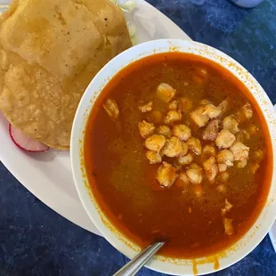 Small Pozole with a tostada, cabbage, and radishes (no onion for me)