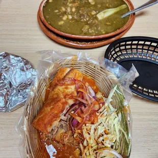 Carne en su jugo and torta ahogada with potato taco combo