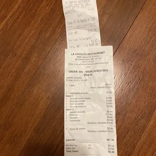 a receipt on a table