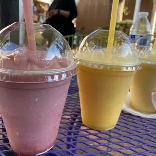 Raspberry, Mango, Piña Colada smoothies.  Delicioso!
