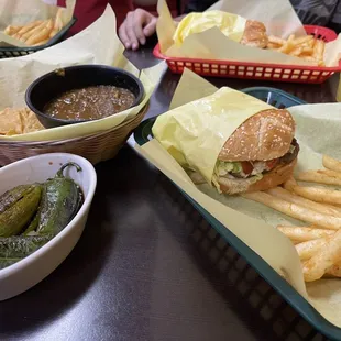 Chiles torreados(free) with my burger, fries, and chips and salsa.