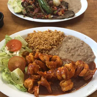 Carne Asada Almuerzo on top, and my favorite, Camarones a la Diabla on the bottom