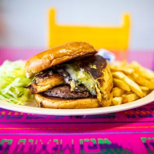 a hamburger and french fries