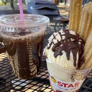 Iced coffee and a churro sundae!