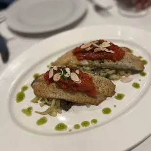 Seared Market Fish (Branzino) Tomato Olives Capers and Almonds