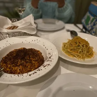 Pasta Cruzza cun Arrizonis (sea urchin tomato grated tuna heart) &amp; Spaghittusu cun Allu Ollu e Bottariga (spicy oil garlic cured fish roe)
