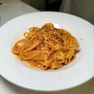 Pasta Longa cun Arrizonis (Artisanal Fettucine, Sea Urchin Tomato Anchovy Sauce, Grated Cured Tuna Heart)