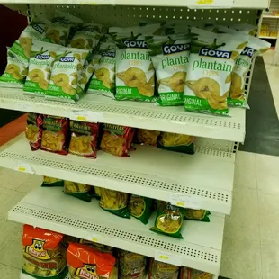 a shelf of chips