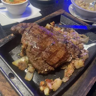 Ribeye with tortilla soup and Mac and cheese
