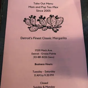 Take out menu