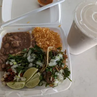 3 street taco plate w/ rice &amp; beans. Medium Horchata.