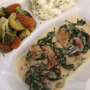 Dinner plates available on certain days... Tuscan Chicken, mashed potatoes and veggies