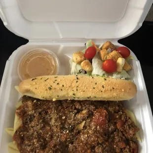 Meaty marinara sauce over penne pasta with garlic bread and a side salad. 12.00