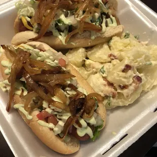 Lunch plate: Bacon Wrapped Hot Dogs with a Side of Potato Salad