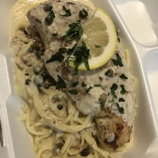 Creamy Lemon Chicken with Capers over Spaghetti