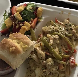 Pesto chicken cream sauce over mashed potatoes and a salad. 12.00