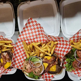 Bacon cheeseburgers with a side of fries to go