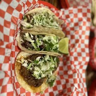 Tacos: Pollo, asada and barbacoa