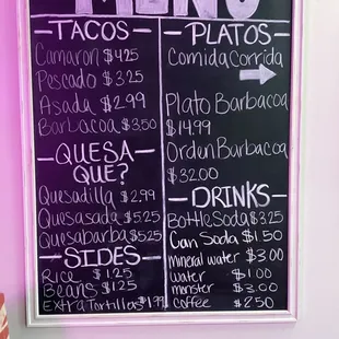 a menu on the wall