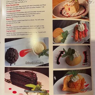 a menu for desserts