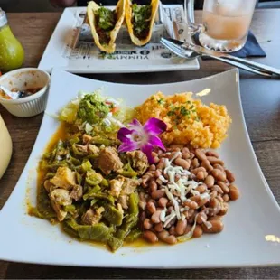 Barbacoa tacos , rice beans and nopales