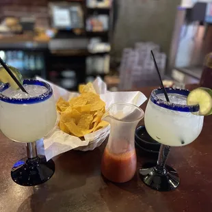 Skinny margaritas, pitcher of salsa and chips