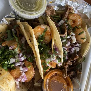Steak and shrimp tacos