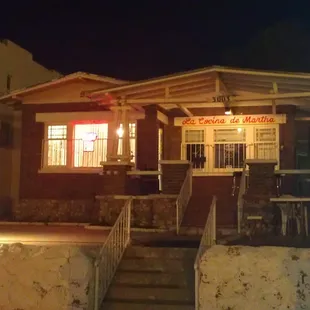 the front of a house at night