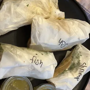 2 fish, 1 shrimp, 1 carnitas tacos with salsa verde