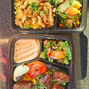 Chicken Sharwarma plat at the top, Smish Kebob plate at the bottom, and jalapeño burger that's included in the photo that was delicious