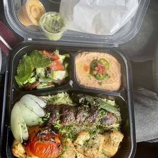 Spicy hummus, chicken kabob and ground beef kabob