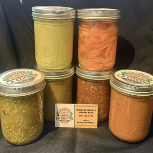 Salsas, Molcajete ( Red or Green), Red, Green, Cream of Jalapeño, Pickled Carrots
