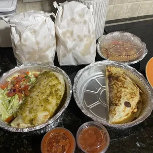 Burrito Mexicano, Chicken and shrimp quesadilla, churros, queso, salsa, and chips