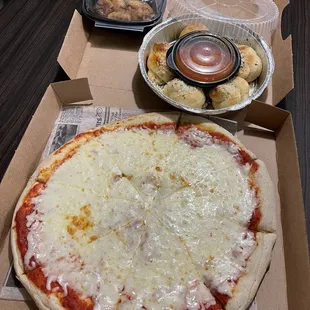 Personal Cheese pizza, garlic knots, and 6 wings.