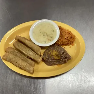 Shredded Pork Taquito Plate w/ queso sauce