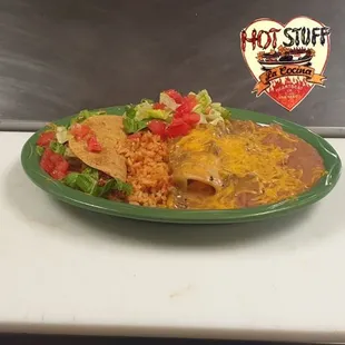 Combination plate #3, taco, Relleno, enchilada, beans, and rice.