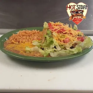 Taco plate with beans and rice