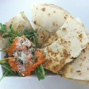 Chicken Quesadillas with Arugula &amp; Roasted Red Pepper Sauce