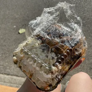 a person holding a container of food