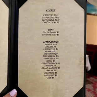 COFFE, PORT and AFTER DRINKS Menú on August 13, 2024