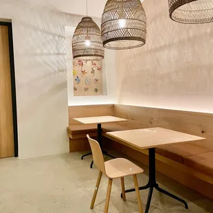 a table and chairs in a restaurant