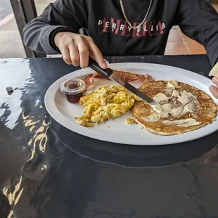 Kids pancake and egg breakfast plate