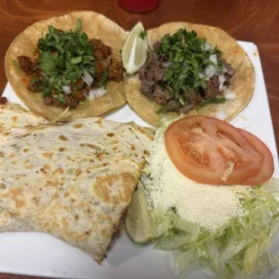 Pastor taco, steak taco &amp; quesadilla