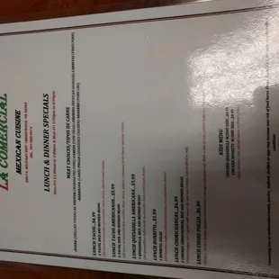 Menu specials as of 10/9/17