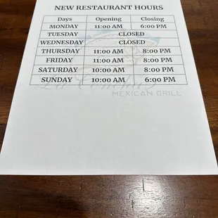 New restaurant hours