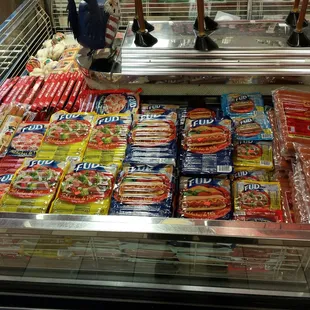 Fud hot dogs of all sorts and other encased meat products.