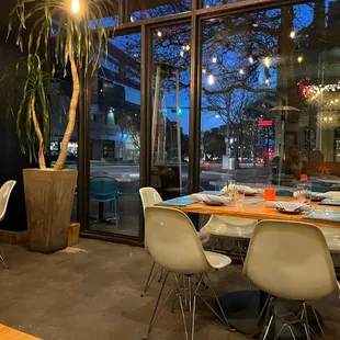 a table and chairs in a restaurant