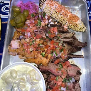3 Meats with 2 Sides, Chicken Fajita, asada, brisket