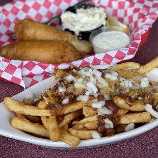 Fish and chips ($14.95) with chili cheese fry upgrade ($2.50)