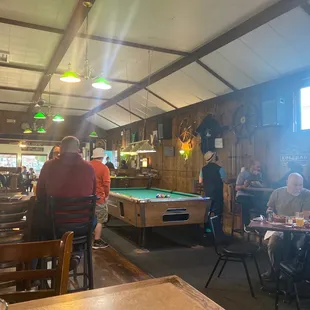 Jukebox, pool table,bar seating area.